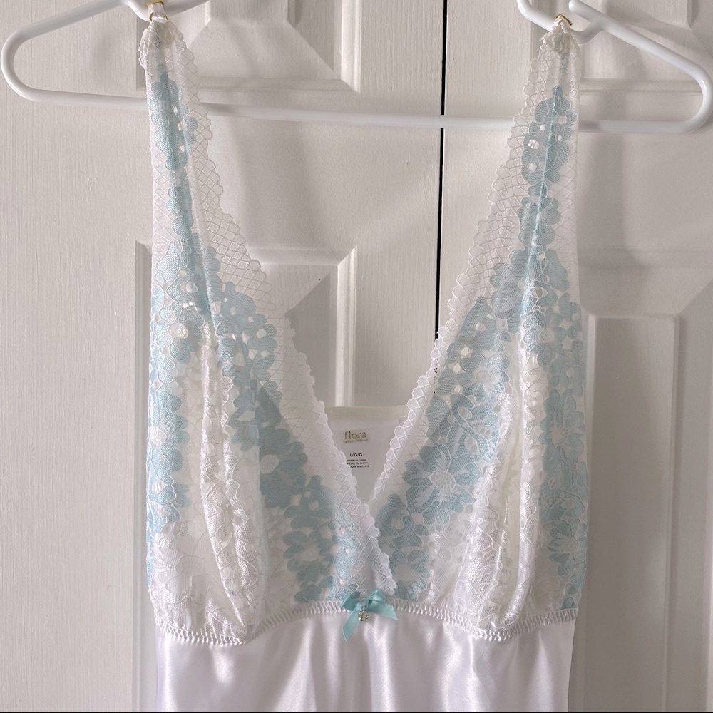 NWT, satin lace nighty, chemise, slip, white/teal, size L